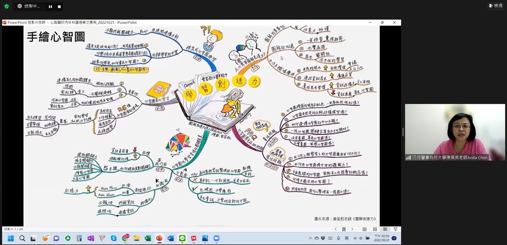 元培護理系陳佩英老師在與姊妹校線上會上分享心智圖的應用」