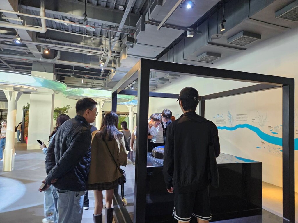 學生分組於互動展區前專注觀察展示內容圖片